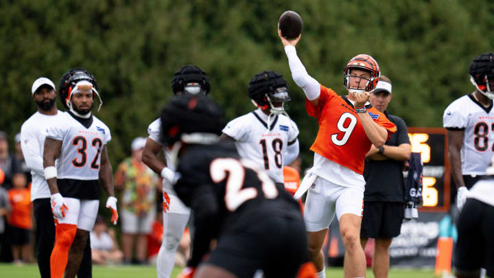 Cincinnati Bengals quarterback Joe Burrow (9) throws a pass at Cincinnati Bengals training camp on the Kettering Health Practice Fields in Cincinnati on Sunday, July 28, 2024.