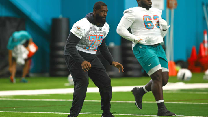 Miami Dolphins offensive tackle Terron Armstead (72) stretches during mandatory minicamp at Baptist Health Training Complex.