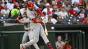 Jun 20, 2023; Washington, District of Columbia, USA; St. Louis Cardinals right fielder Dylan Carlson (3) hits a two run home run against the Washington Nationals during the second inning at Nationals Park. Mandatory Credit: Brad Mills-USA TODAY Sports