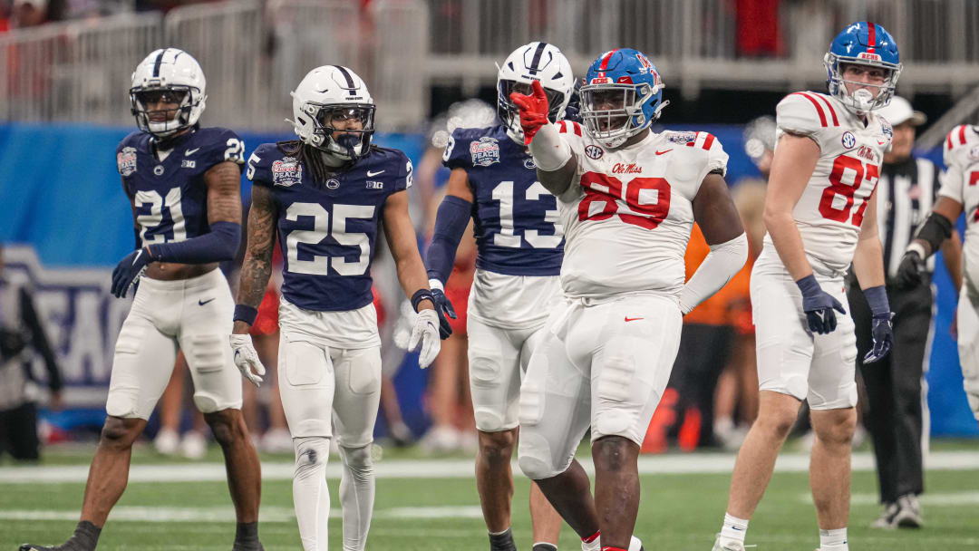 Dec 30, 2023; Atlanta, GA, USA; Mississippi Rebels defensive tackle JJ Pegues (89) reacts after running the ball for a first down against the Penn State Nittany Lions during the second half at Mercedes-Benz Stadium. Mandatory Credit: Dale Zanine-USA TODAY Sports