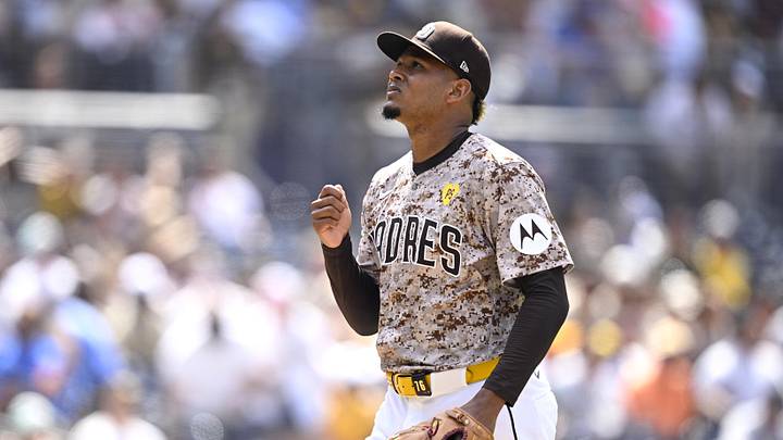 Jun 23, 2024; San Diego, California, USA; San Diego Padres relief pitcher Jhony Brito (76) reacts after pitching the top of the eighth inning against the Milwaukee Brewers at Petco Park. Mandatory Credit: Orlando Ramirez-Imagn Images