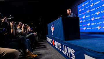 Apr 26, 2019; Toronto, Ontario, CAN; Toronto Blue Jays general manager Ross Atkins speaks during a press conference before playing the Oakland Athletics at Rogers Centre. Mandatory Credit: Kevin Sousa-Imagn Images