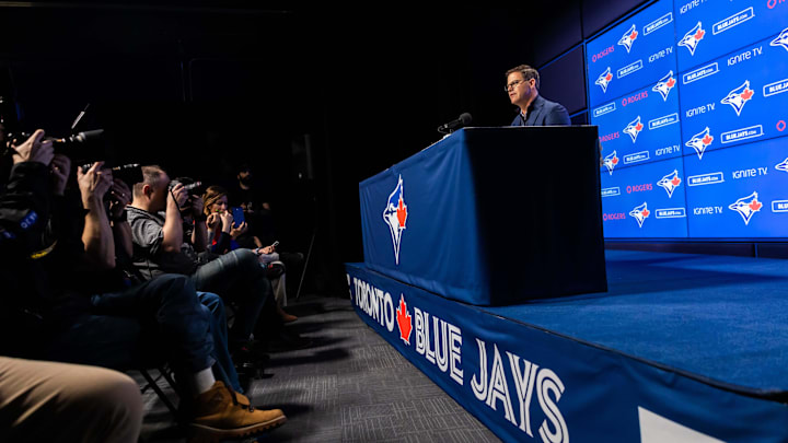Apr 26, 2019; Toronto, Ontario, CAN; Toronto Blue Jays general manager Ross Atkins speaks during a press conference before playing the Oakland Athletics at Rogers Centre. Mandatory Credit: Kevin Sousa-Imagn Images