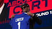 Apr 24, 2025; Green Bay, WI, USA; Penn State Nittany Lions defensive end Abdul Carter is selected by the New York Giants as the number three pick in the first round of the 2025 NFL Draft at Lambeau Field. Mandatory Credit: Kirby Lee-Imagn Images