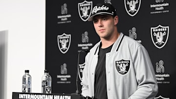 Apr 26, 2024; Henderson, NV, USA; Las Vegas Raiders tight end Brock Bowers speaks to the media at Intermountain Health Performance Center in Henderson, NV.   