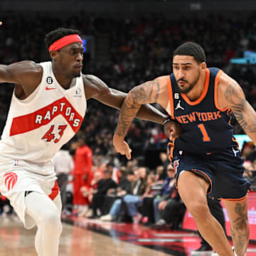 Jan 22, 2023; Toronto, Ontario, CAN;   New York Knicks forward Obi Toppin (1) dribbles the ball past Toronto Raptors forward Pascal Siakam (43) in the first half at Scotiabank Arena. Mandatory Credit: Dan Hamilton-USA TODAY Sports