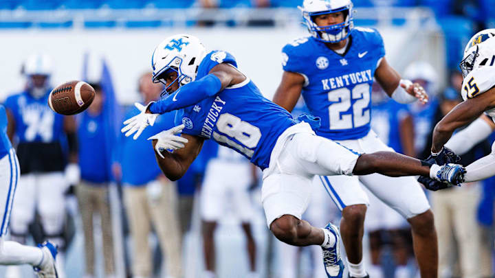 Nov 16, 2024; Lexington, Kentucky, USA; Kentucky Wildcats wide receiver Brandon White (18) looses control of the ball during the third quarter against the Murray State Racers at Kroger Field. Mandatory Credit: Jordan Prather-Imagn Images