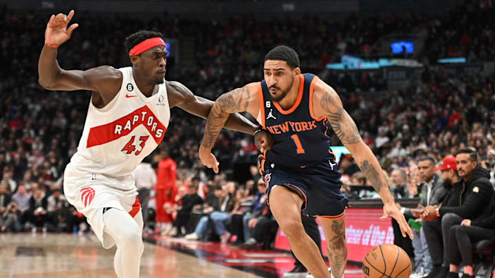 Jan 22, 2023; Toronto, Ontario, CAN;   New York Knicks forward Obi Toppin (1) dribbles the ball past Toronto Raptors forward Pascal Siakam (43) in the first half at Scotiabank Arena. Mandatory Credit: Dan Hamilton-USA TODAY Sports