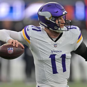 Oct 23, 2025; Inglewood, California, USA;Minnesota Vikings quarterback Carson Wentz (11) drops back to pass against the Los Angeles Chargers during the first half at SoFi Stadium.