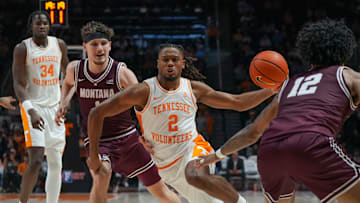 Tennessee guard Chaz Lanier (2) runs around Montana guard Kai Johnson (1) during an NCAA basketball game between the Tennessee Volunteers and Montana Grizzlies at Thompson-Boling Arena at Food City Center on Wednesday, Nov. 13, 2024.