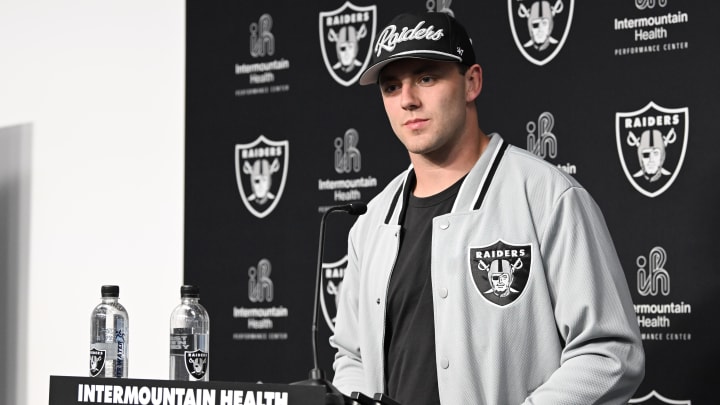 Apr 26, 2024; Henderson, NV, USA; Las Vegas Raiders tight end Brock Bowers speaks to the media at Intermountain Health Performance Center in Henderson, NV.  Mandatory Credit: Candice Ward-USA TODAY Sports