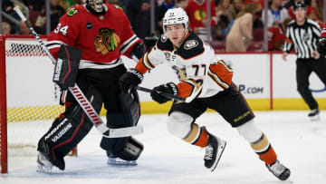 Mar 12, 2024; Chicago, Illinois, USA;  Anaheim Ducks forward Frank Vatrano (77) skates against the Chicago Blackhawks at United Center. Mandatory Credit: Jamie Sabau-USA TODAY Sports