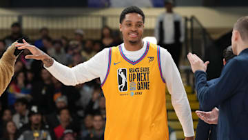 Feb 16, 2025; San Francisco, California, USA; Team Braxton forward Armando Bacot (0) of the Memphis Hustle of the Raptors 905 is introduced before the G-League-Next Up Game against Team Earn Your Leisure at Moscone Center. Mandatory Credit: Darren Yamashita-Imagn Images