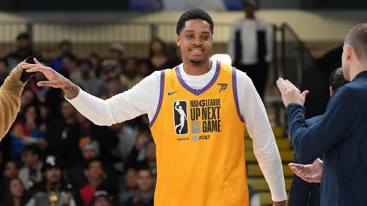 Feb 16, 2025; San Francisco, California, USA; Team Braxton forward Armando Bacot (0) of the Memphis Hustle of the Raptors 905 is introduced before the G-League-Next Up Game against Team Earn Your Leisure at Moscone Center. Mandatory Credit: Darren Yamashita-Imagn Images