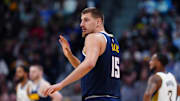 Nov 8, 2025; Denver, Colorado, USA; Denver Nuggets center Nikola Jokic (15) calls out in the second quarter against the Indiana Pacers at Ball Arena. Mandatory Credit: Ron Chenoy-Imagn Images