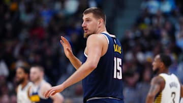 Nov 8, 2025; Denver, Colorado, USA; Denver Nuggets center Nikola Jokic (15) calls out in the second quarter against the Indiana Pacers at Ball Arena. Mandatory Credit: Ron Chenoy-Imagn Images