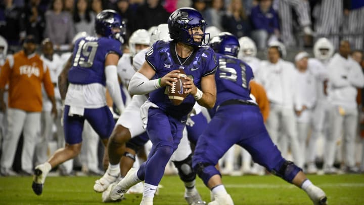 Nov 11, 2023; Fort Worth, Texas, USA; TCU Horned Frogs quarterback Josh Hoover (10) in action during the game between the TCU Horned Frogs and the Texas Longhorns at Amon G. Carter Stadium. Mandatory Credit: Jerome Miron-USA TODAY Sports