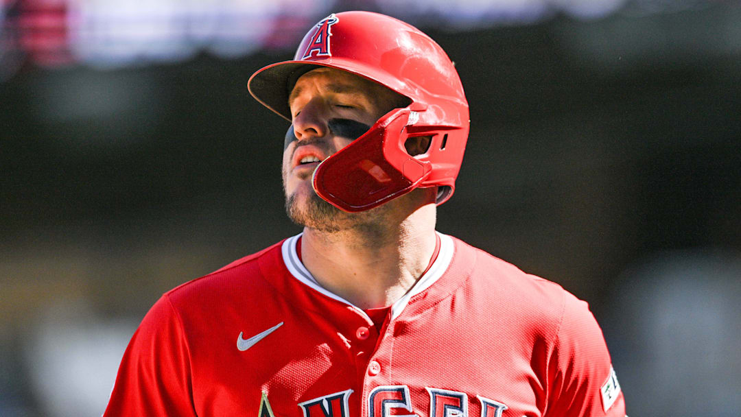 Apr 26, 2025; Minneapolis, Minnesota, USA; Los Angeles Angels outfielder Mike Trout (27) reacts after lining out during the ninth inning against the Minnesota Twins at Target Field. Mandatory Credit: Jeffrey Becker-Imagn Images