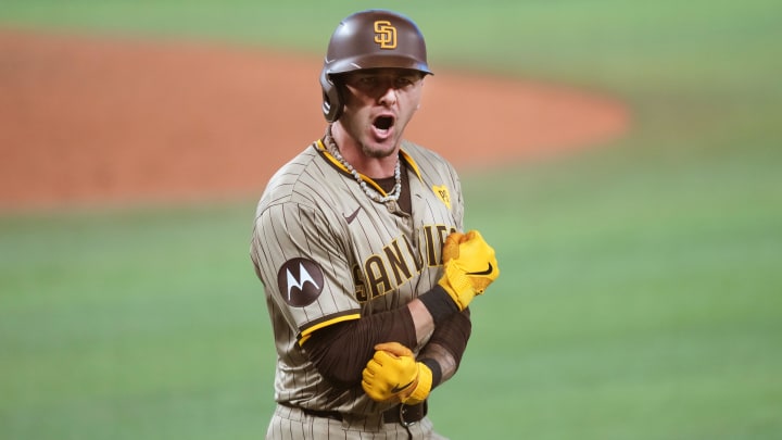 Aug 10, 2024; Miami, Florida, USA;  San Diego Padres center fielder Jackson Merrill (3) celebrates a two-run home run to tie the game in the eighth inning against the Miami Marlins at loanDepot Park. Mandatory Credit: Jim Rassol-USA TODAY Sports