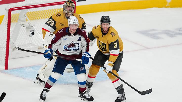 May 26, 2026; Las Vegas, Nevada, USA; Vegas Golden Knights defenseman Brayden McNabb (3) and goaltender Carter Hart (79) defend against Colorado Avalanche defenseman Cale Makar (8) during the third period in game four of the Western Conference Final of the 2026 Stanley Cup Playoffs at T-Mobile Arena. Mandatory Credit: Stephen R. Sylvanie-Imagn Images