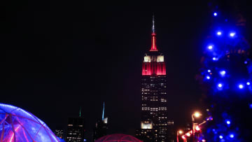 The Empire State Building lit up for the annual "Run-Up" in 2018.