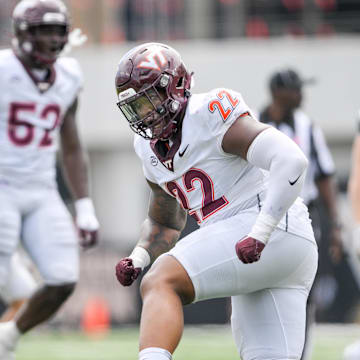 Aug 31, 2024; Nashville, Tennessee, USA;  Virginia Tech Hokies defensive lineman Kelvin Gilliam Jr. (22) celebrates a sack against the Vanderbilt Commodores during the second half at FirstBank Stadium. Mandatory Credit: Steve Roberts-Imagn Images