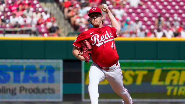 Cincinnati Reds starting pitcher Andrew Abbott (41) throws a pitch in the second inning of the MLB National League game between the Cincinnati Reds and the Miami Marlins at Great American Ball Park in downtown Cincinnati on Saturday, July 13, 2024. The Reds led 1-0 after two innings.