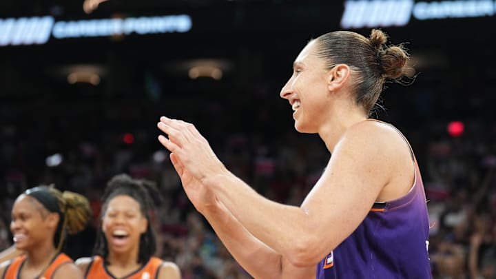Aug 3, 2023; Phoenix, Arizona, USA; Phoenix Mercury guard Diana Taurasi (3) celebrates her 10,000th career point during the second half of the game against the Atlanta Dream at Footprint Center. Mandatory Credit: Joe Camporeale-Imagn Images