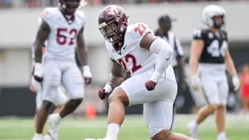 Aug 31, 2024; Virginia Tech defensive lineman Kelvin Gilliam Jr. (22) celebrates a sack against Vanderbilt.