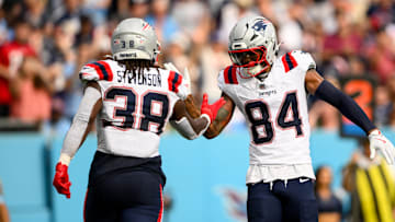 Nov 3, 2024; Nashville, Tennessee, USA;  New England Patriots wide receiver Kendrick Bourne (84) celebrates the touchdown of running back Rhamondre Stevenson (38) against the Tennessee Titans during the second half at Nissan Stadium. Mandatory Credit: Steve Roberts-Imagn Images