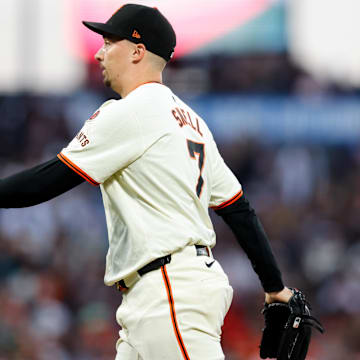 Aug 12, 2024; San Francisco, California, USA; San Francisco Giants pitcher Blake Snell (7) walks off the mound during the fifth inning against the Atlanta Braves at Oracle Park