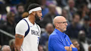 Oct 29, 2025; Dallas, Texas, USA; Dallas Mavericks forward Anthony Davis (3) exchanges words with Dallas Mavericks head coach Jason Kidd as Davis walks off the court during the first quarter at the American Airlines Center. Mandatory Credit: Jerome Miron-Imagn Images