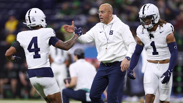 James Franklin celebrates with his players