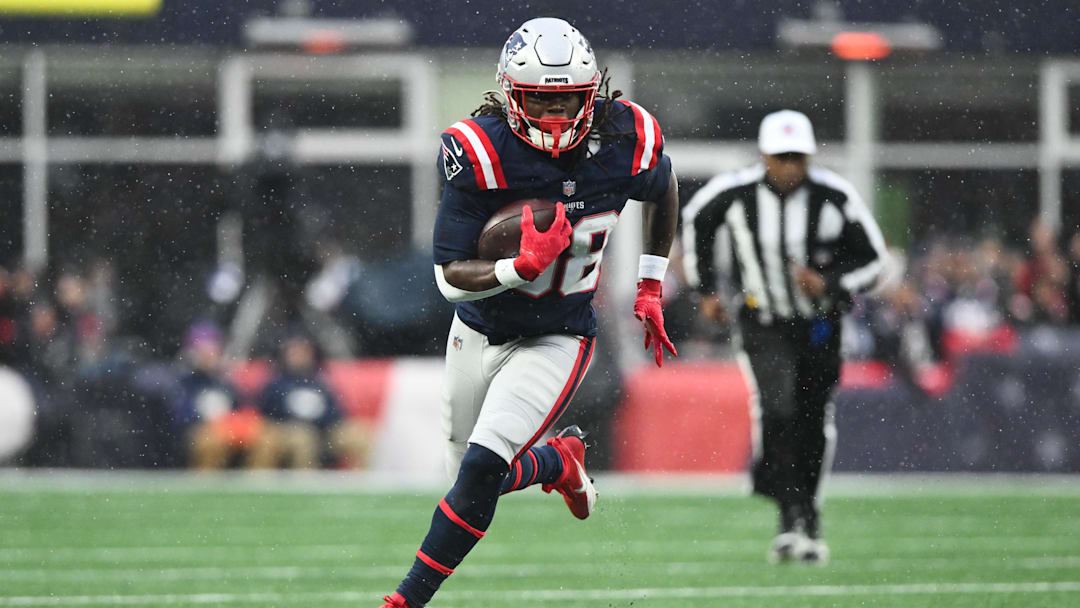 Jan 18, 2026; Foxborough, MA, USA; New England Patriots running back Rhamondre Stevenson (38) moves with the ball in the first quarter in an AFC Divisional Round game against the Houston Texans at Gillette Stadium. Mandatory Credit: Brian Fluharty-Imagn Images
