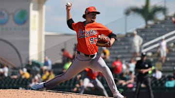 Feb 26, 2025; Bradenton, Florida, USA;  Baltimore Orioles pitcher Kade Strowd (57) throws a pitch during the fifth inning against the Pittsburgh Pirates at LECOM Park. Mandatory Credit: Kim Klement Neitzel-Imagn Images