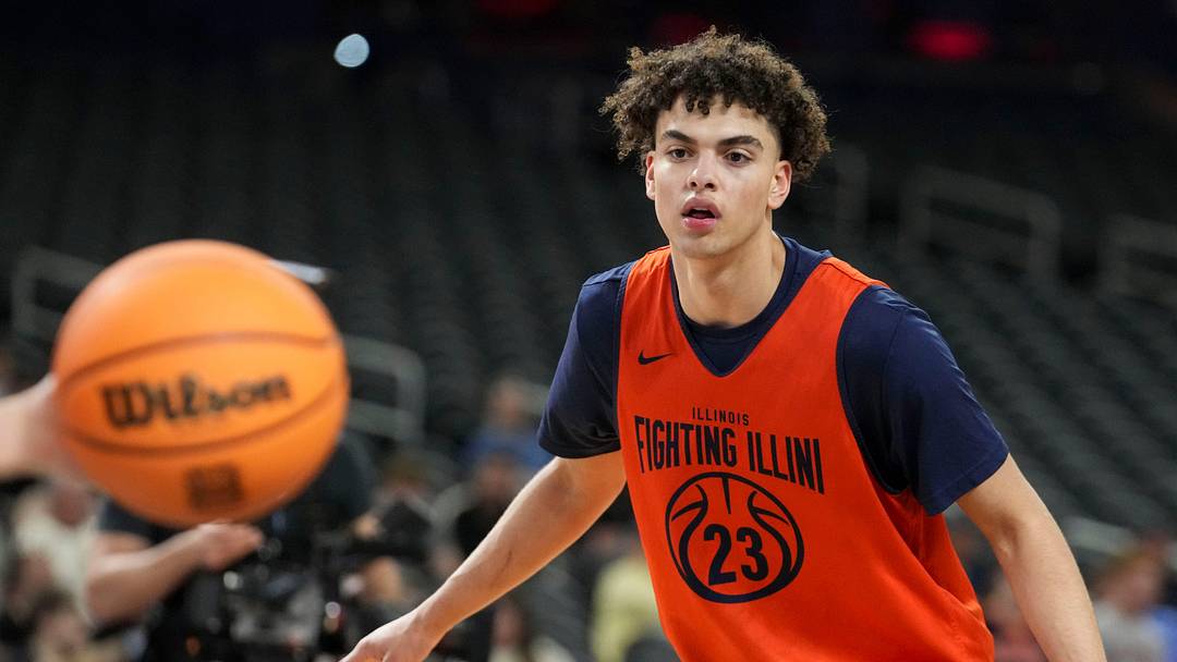 Illinois Fighting Illini guard Keaton Wagler (23) guards during practice ahead of a Final Four game on Friday, April 3, 2026, at Lucas Oil Stadium in Indianapolis.