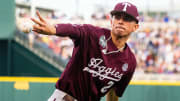 Jun 19, 2024; Omaha, NE, USA; Texas A&M Aggies shortstop Ali Camarillo (2) throws the ball into the crowd after getting an out against the Florida Gators during the third inning at Charles Schwab Field Omaha. 