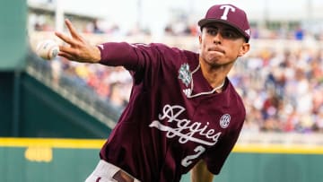 Jun 19, 2024; Omaha, NE, USA; Texas A&M Aggies shortstop Ali Camarillo (2) throws the ball into the crowd after getting an out against the Florida Gators during the third inning at Charles Schwab Field Omaha. 