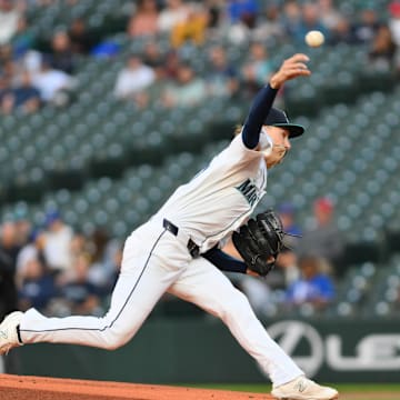 Seattle Mariners starting pitcher Bryce Miller (50) pitches to the Texas Rangers during the first inning at T-Mobile Park on Sept 12.