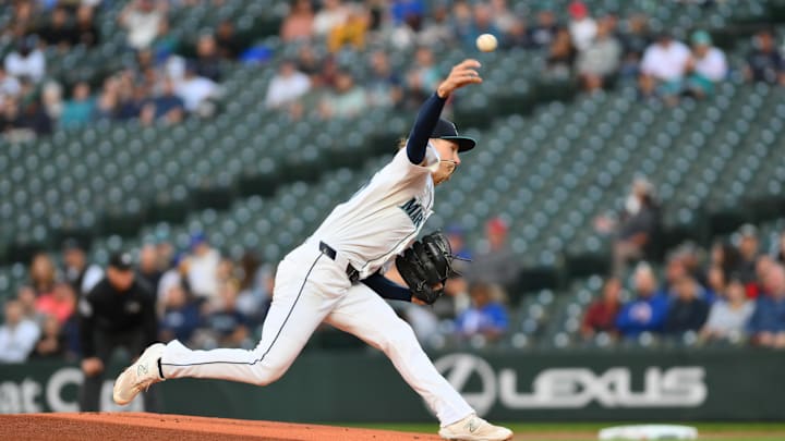 Seattle Mariners starting pitcher Bryce Miller (50) pitches to the Texas Rangers during the first inning at T-Mobile Park on Sept 12.