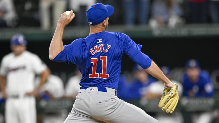 Mar 28, 2024; Arlington, Texas, USA; Chicago Cubs starting pitcher Drew Smyly (11) pitches in relief against the Texas Rangers during the tenth inning at Globe Life Field.