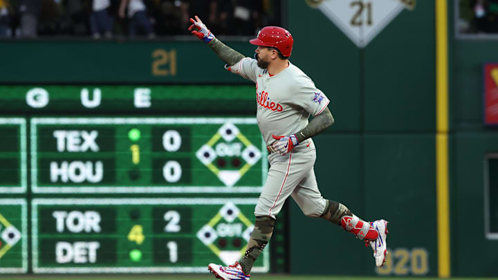 May 15, 2026; Pittsburgh, Pennsylvania, USA;  Philadelphia Phillies designated hitter Kyle Schwarber (12) circles the bases on a two run home run against the Pittsburgh Pirates during the fifth inning at PNC Park. Mandatory Credit: Charles LeClaire-Imagn Images
