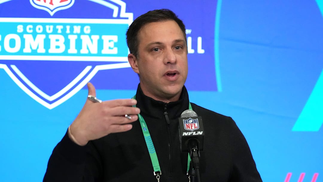 Feb 27, 2024; Indianapolis, IN, USA; Kansas City Chiefs general manager Brett Veach speaks during a press conference at the NFL Scouting Combine at Indiana Convention Center. Mandatory Credit: Kirby Lee-Imagn Images Feb 27, 2024; Indianapolis, IN, USA; Kansas City Chiefs general manager Brett Veach speaks during a press conference at the NFL Scouting Combine at Indiana Convention Center. Mandatory Credit: Kirby Lee-Imagn Images