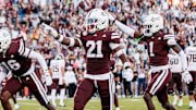 Mississippi State Linebacker Zakari Tillman (#16), Mississippi State Safety Isaac Smith (#2), Mississippi State Safety Hunter Washington (#21) and Mississippi State Cornerback Kelley Jones (#1) during the game between the Texas A&M Aggies and the Mississippi State Bulldogs at Davis Wade Stadium at Scott Field in Starkville, MS.