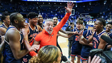 Auburn head coach Bruce Pearl and his No.1 Tigers celebrate after 94-78 win over Kentucky -- the first win at Rupp Arena since 1988 in SEC basketball Saturday afternoon in Lexington, Kentucky March 1, 2025