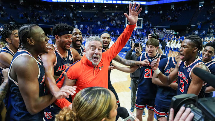 Auburn head coach Bruce Pearl and his No.1 Tigers celebrate after 94-78 win over Kentucky -- the first win at Rupp Arena since 1988 in SEC basketball Saturday afternoon in Lexington, Kentucky March 1, 2025