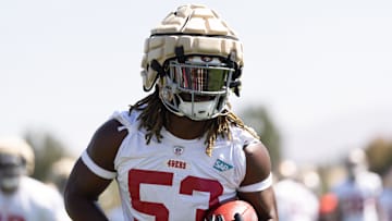 Jul 27, 2022; Santa Clara, CA, USA; San Francisco 49ers defensive lineman Kemoko Turay (53) warms up during Training Camp at the SAP Performance Facility near Levi Stadium.