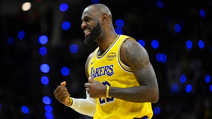 Jan 28, 2026; Cleveland, Ohio, USA; Los Angeles Lakers forward LeBron James (23) reacts in the third quarter against the Cleveland Cavaliers at Rocket Arena. Mandatory Credit: David Richard-Imagn Images