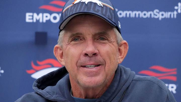 Oct 10, 2025; Ware, United Kingdom; Denver Broncos head coach Sean Payton speaks to media at press conference at the Hanbury Manor. Mandatory Credit: Kirby Lee-Imagn Images