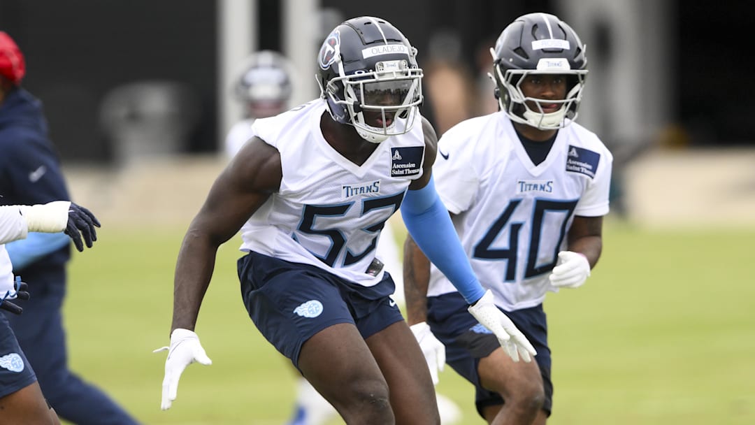 May 10, 2025; Nashville, TN, USA;  Tennessee Titans outside linebacker Oluwafemi Oladejo (53) goes through drills during Rookie Mini Camp at Saint Thomas Sports Park. Mandatory Credit: Steve Roberts-Imagn Images
